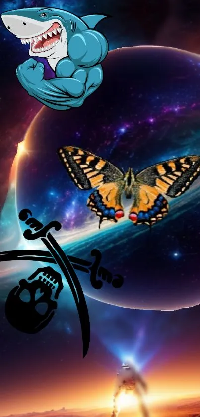 Vibrant wallpaper with shark, butterfly, skull against a cosmic galaxy background.