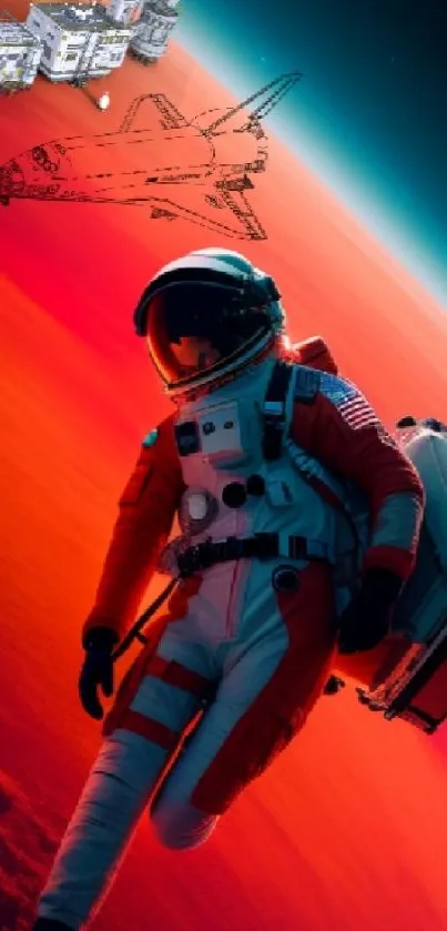 Astronaut floating above Earth with vibrant red space backdrop.