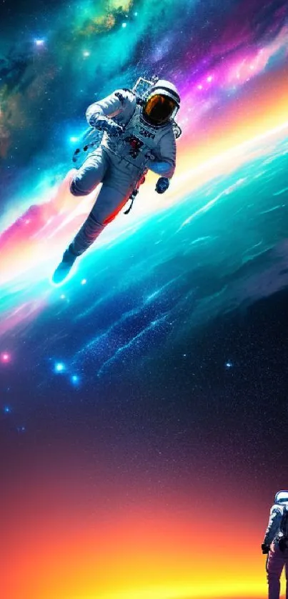 Astronauts floating in vibrant space with colorful cosmic backdrop.