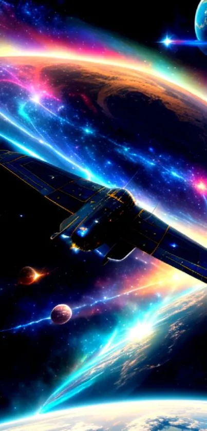 Futuristic spaceship soaring through vibrant cosmic scenes with planets and stars.