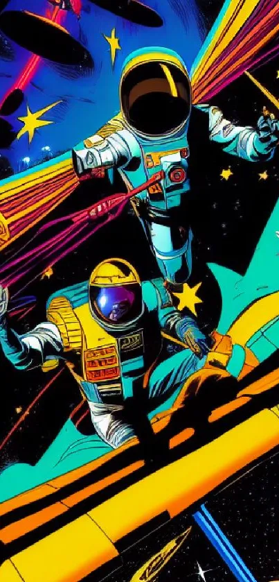 Dynamic space-themed wallpaper with colorful astronauts exploring the cosmos.