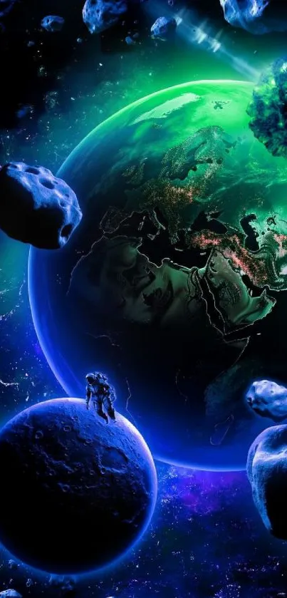 Explore a breathtaking space scene with planets and asteroids.