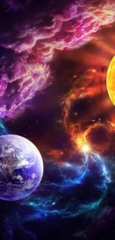 Vibrant cosmic wallpaper with planets and a radiant sun.