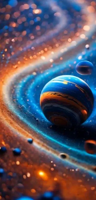 3D vibrant planets floating in cosmic waves.