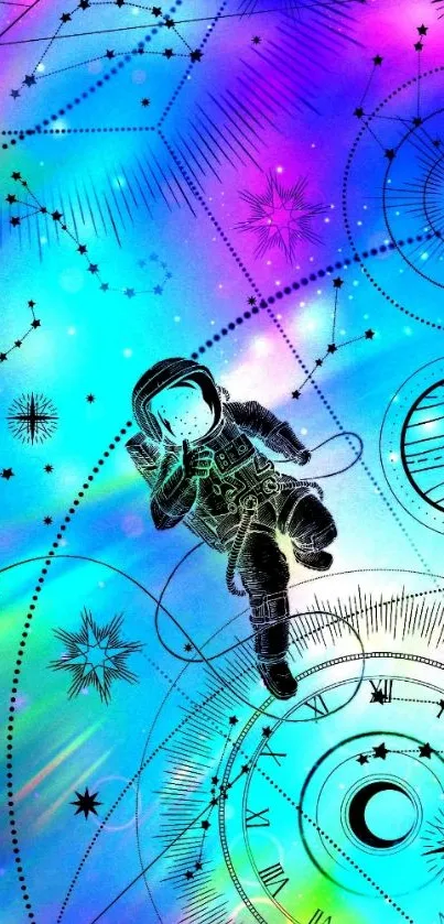 Colorful astronaut floating in a vibrant galaxy with star patterns.