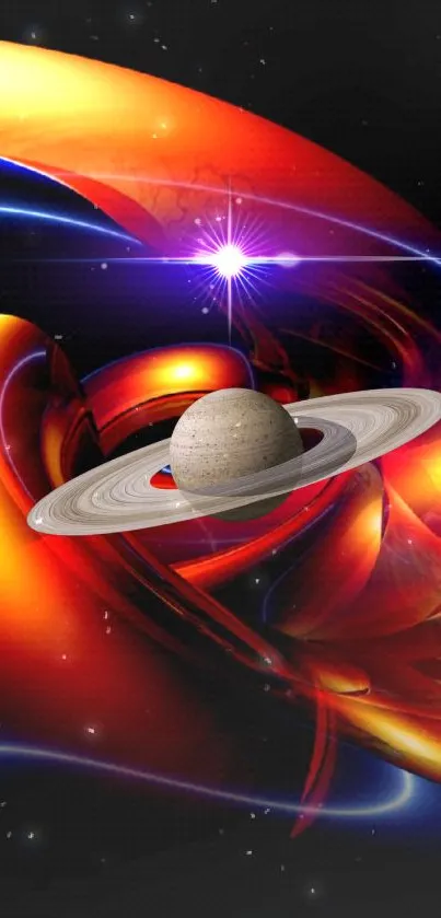 Digital artwork of Saturn with vibrant colors and abstract background.