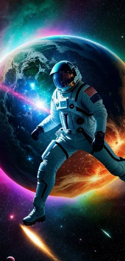 Astronaut floating in vibrant space with Earth in vivid colors.