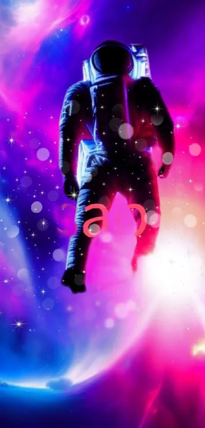 Astronaut floating in a colorful cosmic scene.