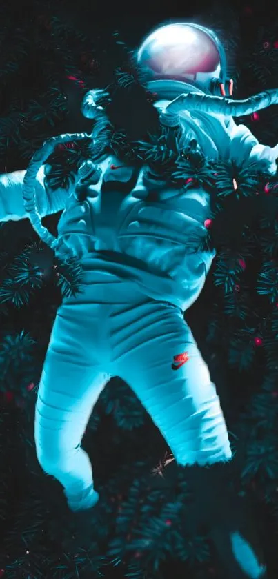 Astronaut in cyan glowing spacesuit amidst dark cosmic backdrop.