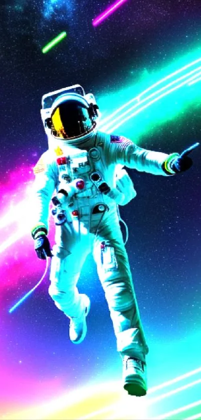 Vibrant neon astronaut floating in space.