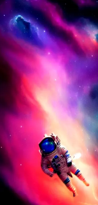 Astronaut floating through a vibrant cosmic scene with a colorful nebula backdrop.