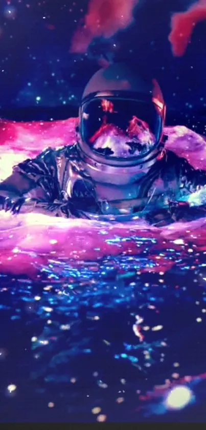 Astronaut floating in a colorful, surreal cosmic scene.