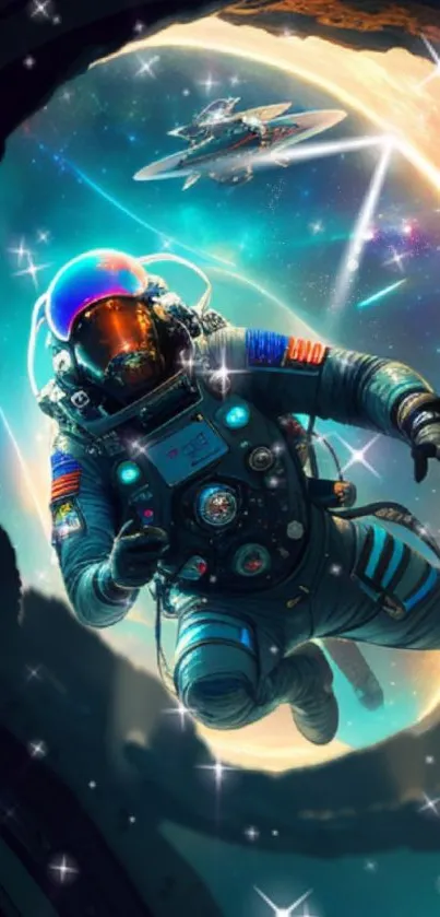 Colorful astronaut in a vibrant space scene with futuristic elements.