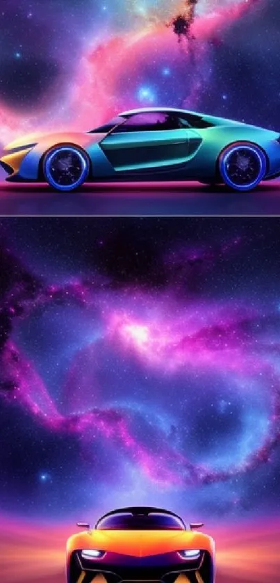 Futuristic car under a vivid cosmic nebula sky.