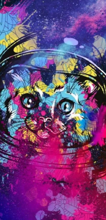 Colorful abstract wallpaper of a cat in a space helmet with vibrant cosmic art.