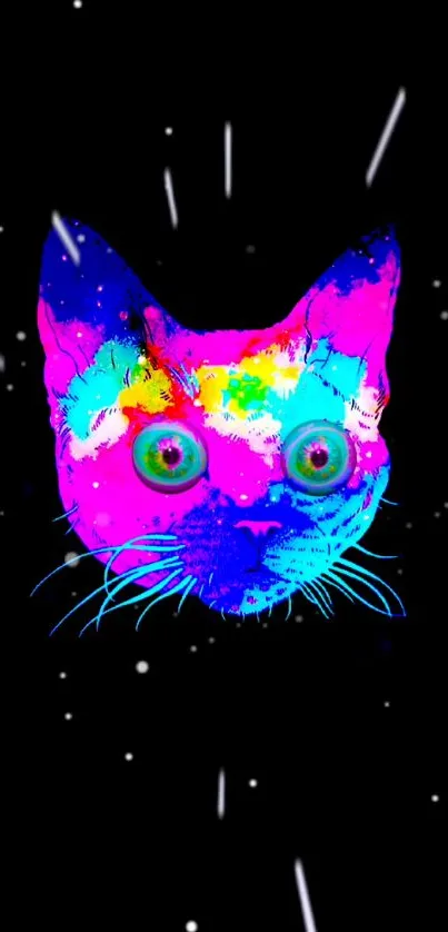 Vibrant neon space cat with cosmic backdrop wallpaper.