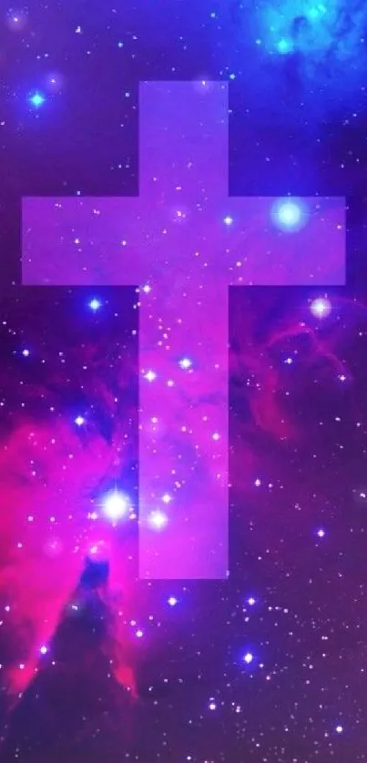 Purple galaxy mobile wallpaper with cross symbol.