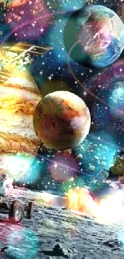 Vibrant space wallpaper with planets and astronauts.