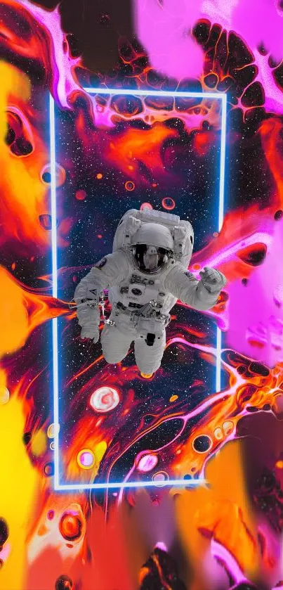 Astronaut floating in vibrant cosmic background with pink and orange swirls.