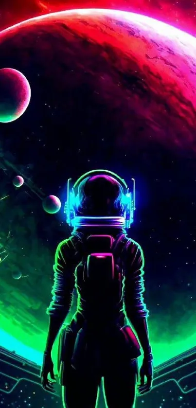 Neon astronaut exploring a vibrant galaxy.