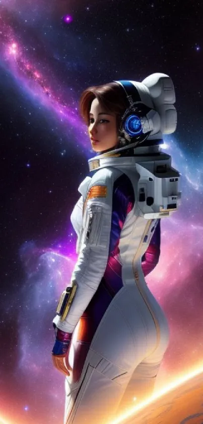 Mobile wallpaper of a space explorer with a vibrant cosmic backdrop.