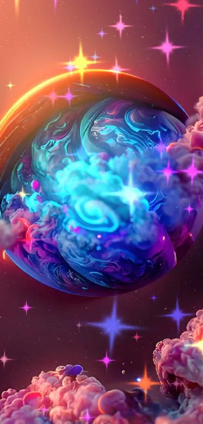 Vibrant space fantasy wallpaper with a swirling planet and colorful nebula.