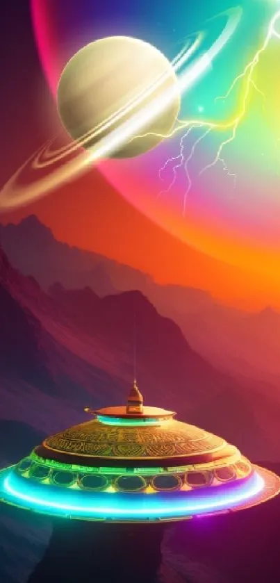 Futuristic spaceship with colorful planet and lightning.