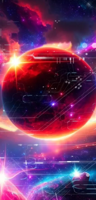 Vibrant cosmic wallpaper with a glowing red planet.