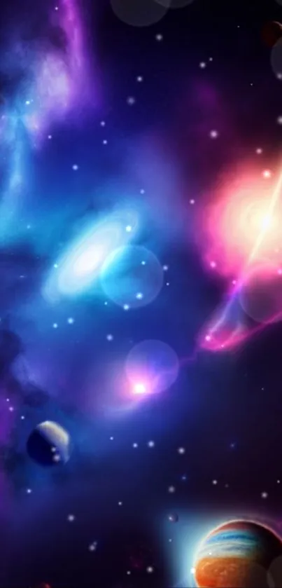 Colorful galaxy wallpaper with planets and stars.