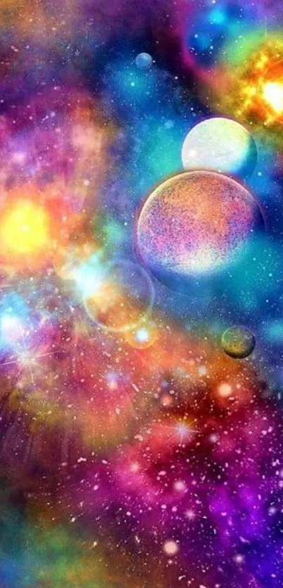 Colorful space wallpaper with vibrant planets and stars in a galaxy scene.