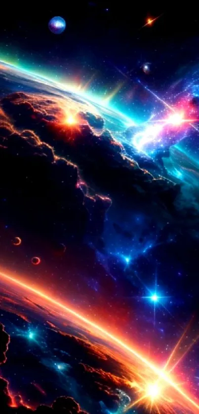 Vibrant space galaxy wallpaper featuring colorful celestial scenery.