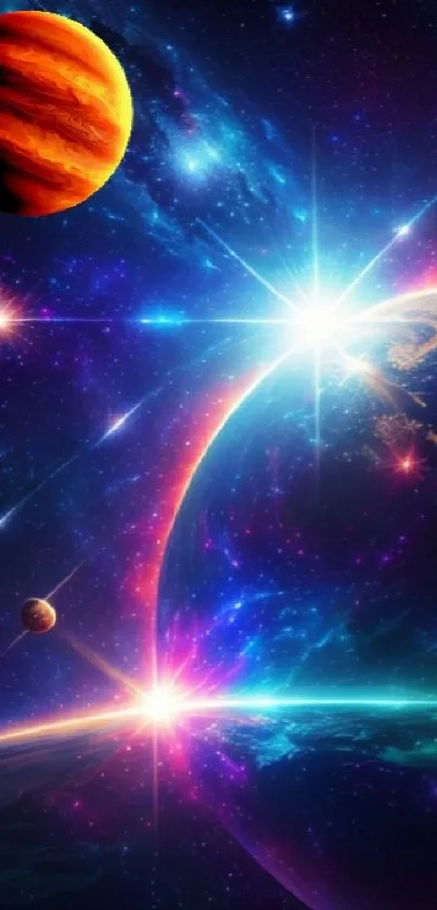 Vibrant galaxy with planets and starbursts in cosmic space wallpaper.