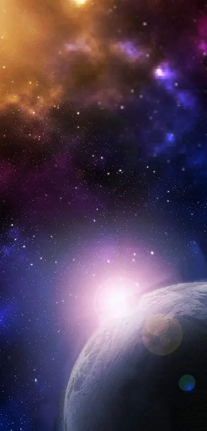 Vibrant galaxy wallpaper with bright cosmic colors and mysterious planet.