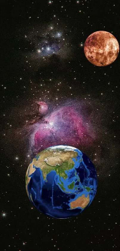 Earth and distant planet with galaxy backdrop on mobile wallpaper.