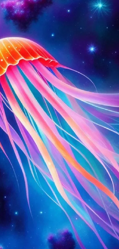 Vibrant digital artwork of a jellyfish in a cosmic space setting.