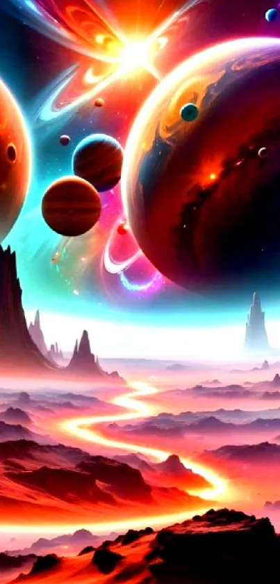 Colorful cosmic landscape with planets and vibrant sky.