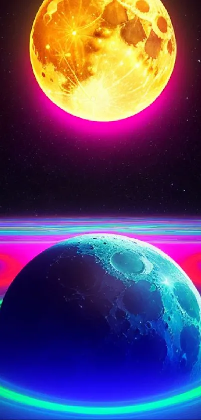 Vivid space wallpaper with colorful moons and neon rings.