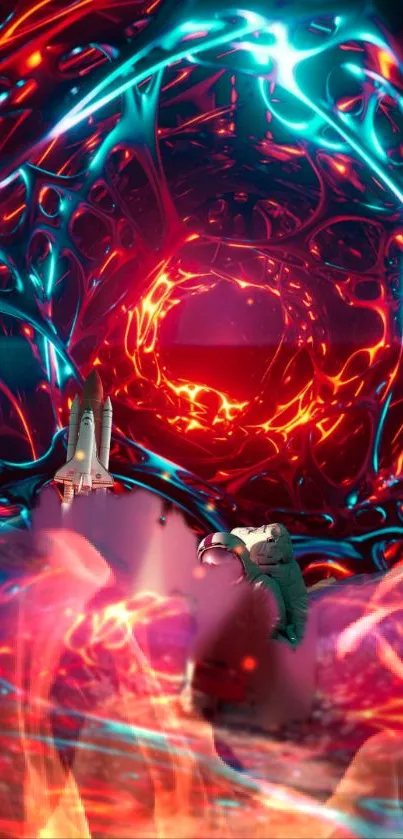 Astronaut in a vibrant cosmic vortex with shuttle.
