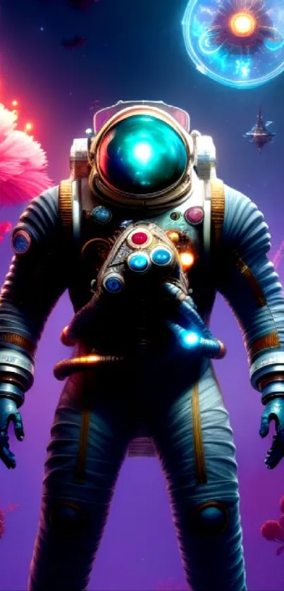 Vibrant astronaut in a cosmic setting with colorful space elements.