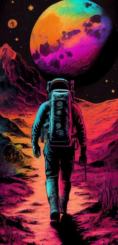 Colorful astronaut walking on vibrant alien planet with colorful sky.