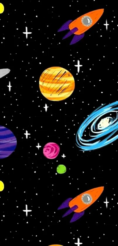 Space-themed wallpaper with planets, rockets, and stars on a black background.