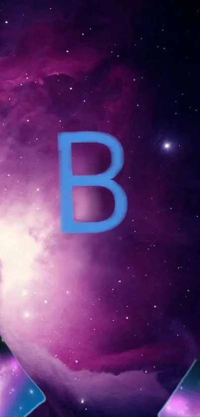 Purple galaxy wallpaper with a letter B and starry background.