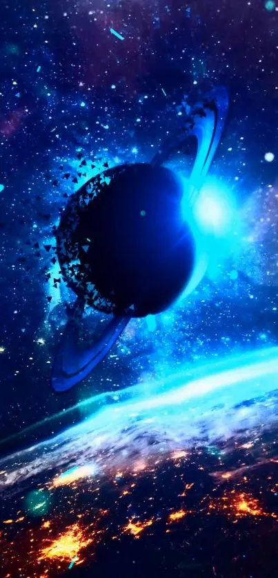 Vibrant blue planet and cosmic space wallpaper with glowing effects.