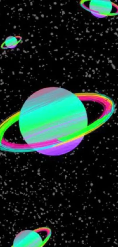 Vibrant neon planets on black space background.