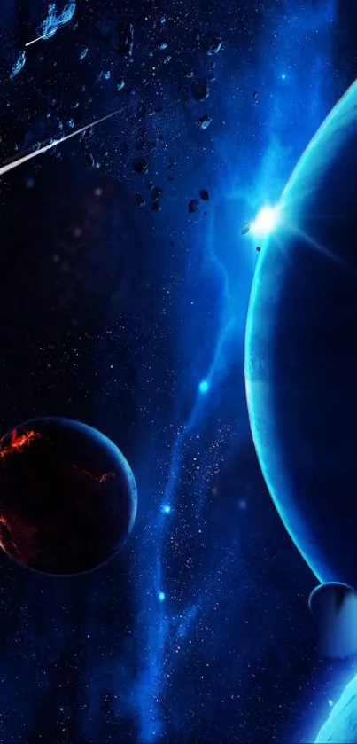 Vibrant space-themed wallpaper with planets and stars in blue.