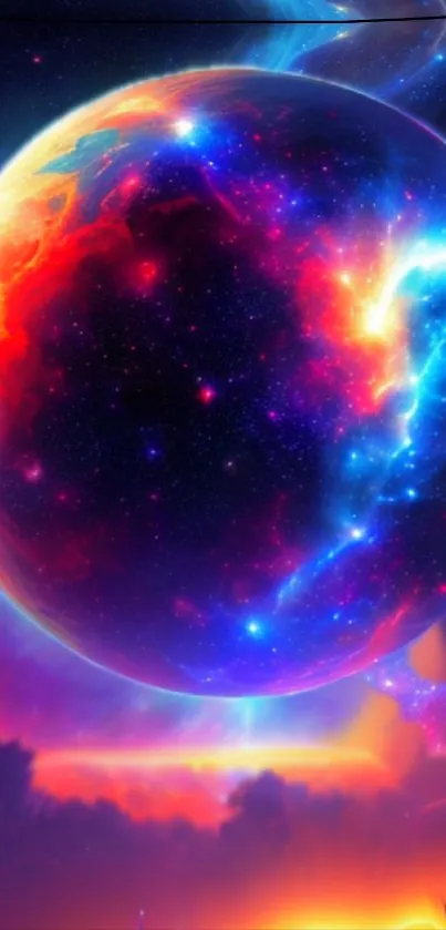 Colorful space wallpaper featuring a fiery planet.