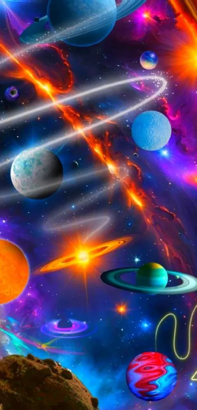 Vibrant space wallpaper with colorful planets and nebulae.