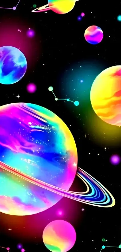 Vibrant space-themed phone wallpaper with colorful planets and starry sky.