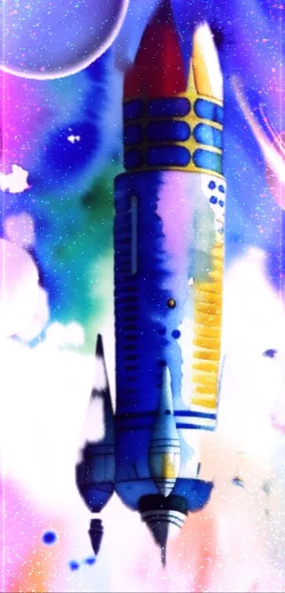 Colorful space rocket in a vibrant galaxy wallpaper.