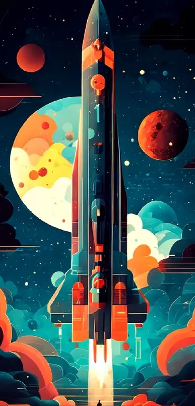 Vibrant rocket launch against a colorful cosmic background for phone wallpaper.